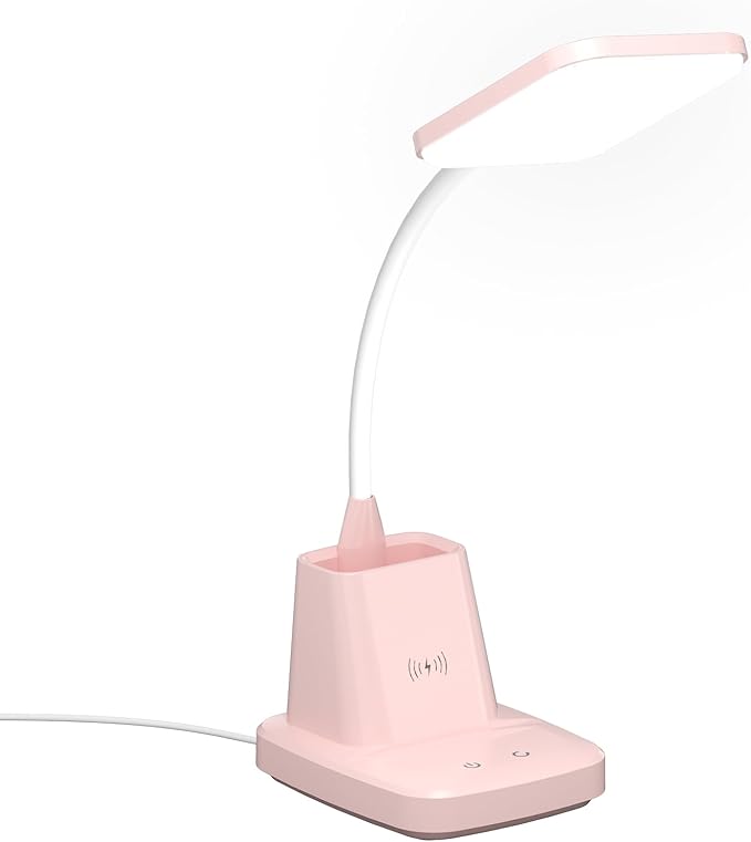 Sailstar Pink Desk Lamp, Small Desk Lamp with Pen Holder, Wireless Charger LED Desk Lamps for Home Office, Kids Desk Lamps 800LM Flexible Arm 3 Modes Dimmable Touch, Study Lamps for College Dorm Room