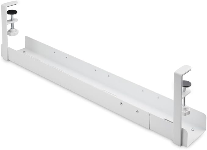 StarTech.com Under Desk Cable Management Tray, Length Adjustable, Clamp-On Installation, No Drilling Required, White