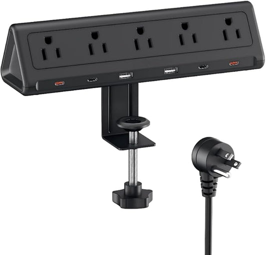 6.5 FT Desk Clamp Power Strip with 5 AC Outlets & 6 USB Ports PD 40W USB-C Fast Charging, 1250J Surge Protector, Fits 2.6 in top Edge Black