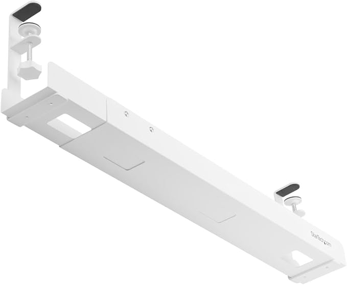 StarTech.com Under Desk Cable Management Tray, Length Adjustable, Clamp-On Installation, No Drilling Required, White