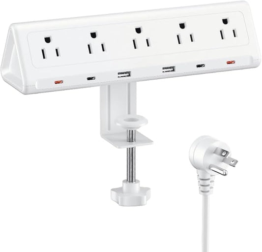 6.5 FT Desk Clamp Power Strip with 5 AC Outlets & 6 USB Ports PD 40W USB-C Fast Charging, 1250J Surge Protector, Fits 2.6 in top Edge White