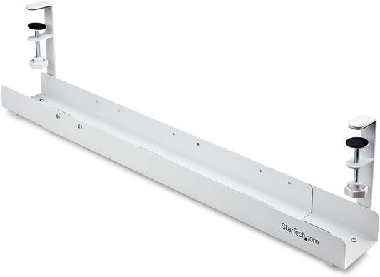 StarTech.com Under Desk Cable Management Tray, Length Adjustable, Clamp-On Installation, No Drilling Required, White