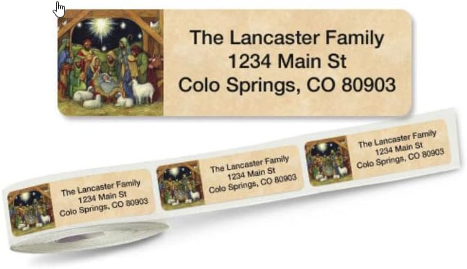 Nativity Christmas Rolled Personalized Return Address Mailing Labels with Dispenser, Set of 500, Small ¾ x 2½ Inch Size, Custom Self-Adhesive Sticker Roll, by Colorful Images