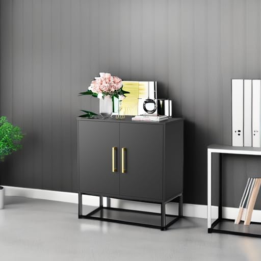 LYNSOM Storage Cabinet with Doors and Shelves, Free Standing Office Cabinet, Modern Wood Buffet Sideboard for Kitchen, Living Room, Bedroom, Hallway, Black
