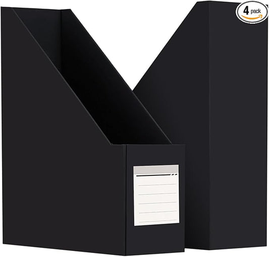 Magazine File Holder( 4Pack,Black) Paperboard Book Organizer- Desk Magazine File Organizer for Home, Office, Classroom-Storage Box for Dounments with Label Stickers.