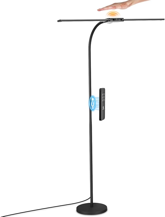 Syrinx LED Floor Lamp, Dual Head Gooseneck Floor Lamps for Living Room with Gesture Switch & Remote Control, 14W Bright Tall Standing Lamp Modern Eye-Caring Reading Floor Lamp for Bedroom Office