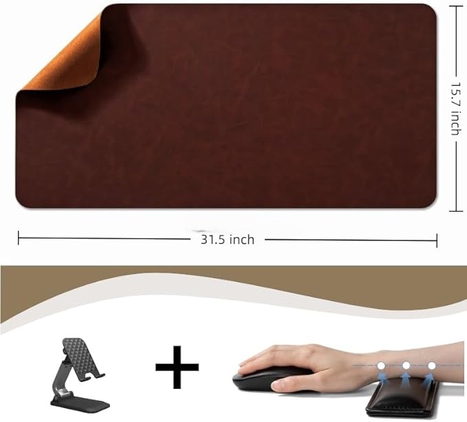 Leather Desk pad for Computer and laptops, Ideal for Gaming and Office use, Large Mouse pad and Keyboard mat,Desk mat Special for Man. A complimentary Wrist pad and Phone Stand.(Brown, 15.7"x 31.5")