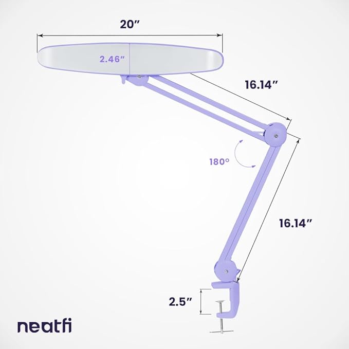 Neatfi XL 2,200 Lumens LED Task Lamp, 20W, 182 Pcs SMD LED, Dimmable, 4 Level Brightness, 3 Light Modes, Desk Light for Home, Office, Workbench (CCT, Lavender)