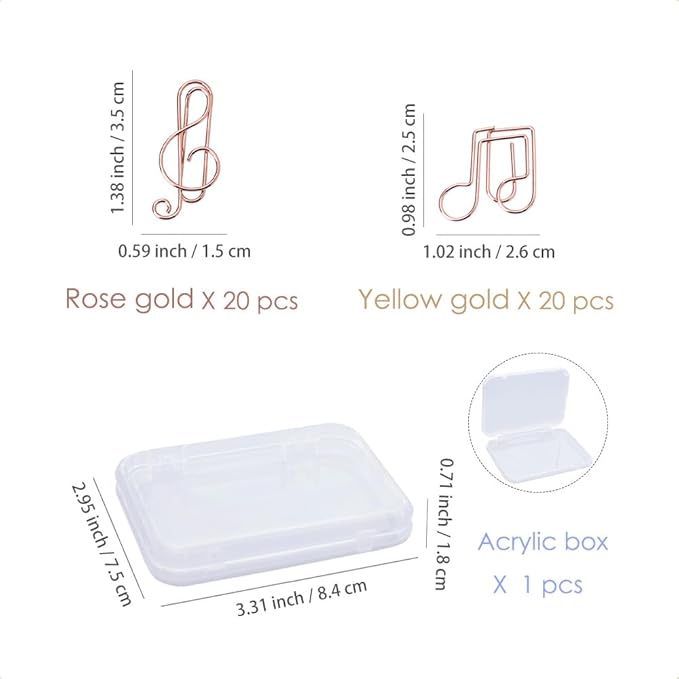 OWLFAVO Clef and Note Shape 40pcs Paper Clips with Clear Box, Rose Gold, Funny Cute Paperclips Bookmarks Planner Clips for Fun Office Supplies School Gifts Wedding Decoration