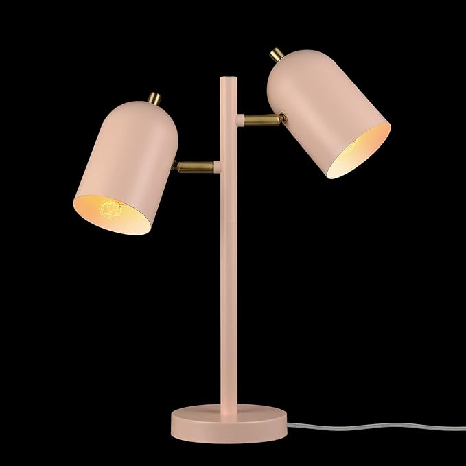 GLOBE Electric 30290 19" 2-Light Desk Lamp, Matte Pink, Brass Accents, 2.1A USB Port, On/Off Rotary Switch on Each Shade, Reading Light, Dorm Room Essentials, Lamps for Living-Room, Office Décor