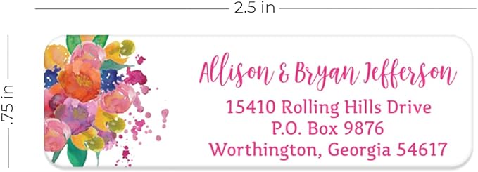 Bright Watercolor Floral Rolled Address Labels / 5 Vibrant Flower Bouquet Designs/Roll of 250 Personalized Address Labels/Designer Return Address Stickers in Elegant Plastic Dispenser