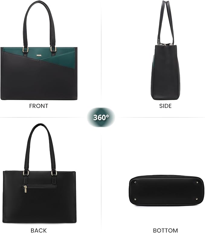 LOVEVOOK Laptop Bag for Women 15.6 Inch Tote Bags Waterproof Leather Briefcase Computer Women Business Office Work Bag,Black/Green