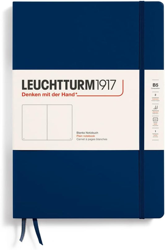 LEUCHTTURM1917 - Notebook Hardcover Composition B5-219 Numbered Pages for Writing and Journaling (Navy, Plain)
