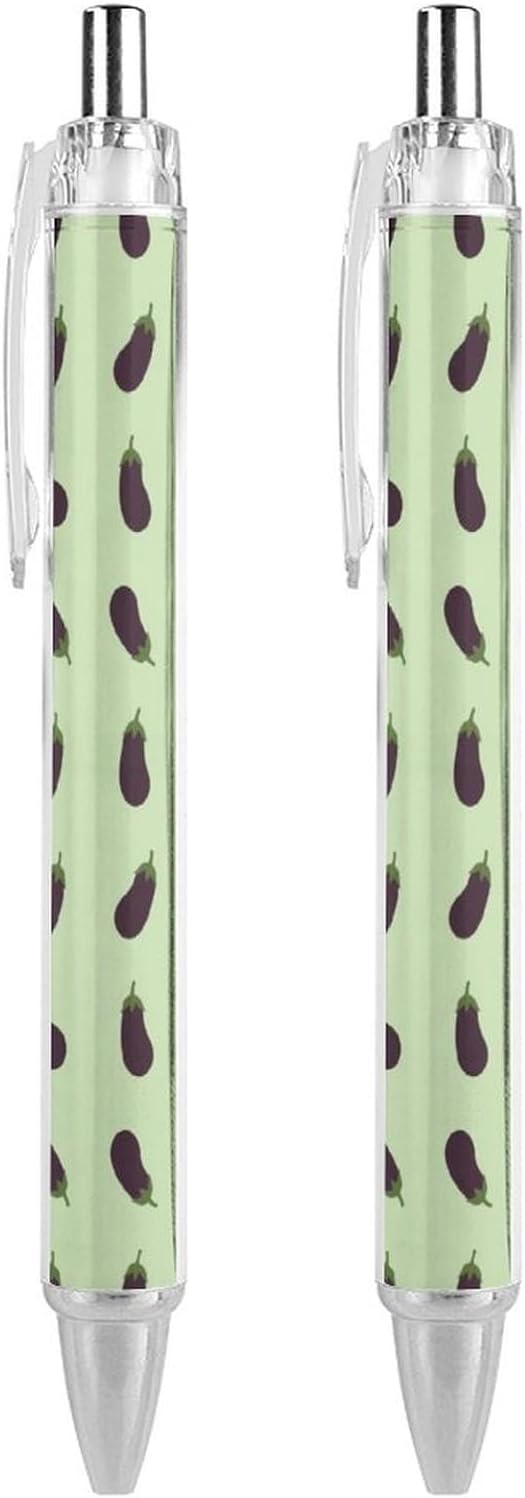 2 Pcs Purple Eggplant Pattern Pens with Black Ink, Womens Retractable Writing Pens, Refillable Ball Point Pen 0.5mm for Office Supplies Teacher Writer