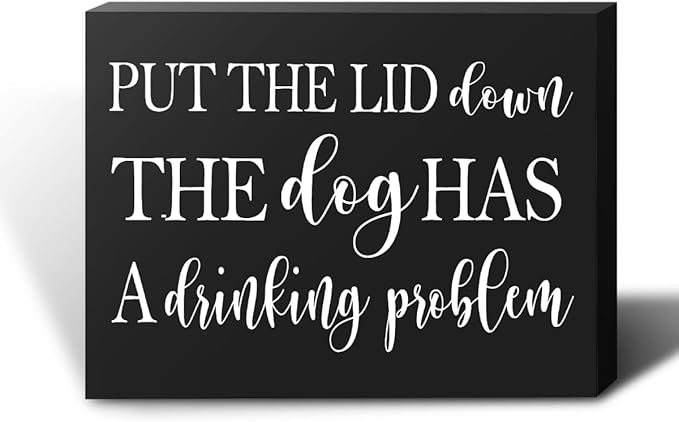 mmiishe Put the Lid Down the Dog Has a Drinking Problem Wooden Box Sign Decorative Funny Bathroom Wood Box Sign Home Decor Rustic Farmhouse Square Desk Decor Sign for Shelf 6 x 8 Inches Black