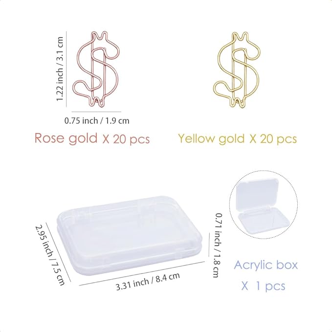 OWLFAVO 40pcs Dollar Shape Paper Clips with Clear Box, Rose Gold and Yellow Gold, Funny Cute Paperclips Bookmarks Planner Clips for Fun Office Supplies School Gifts Wedding Decoration