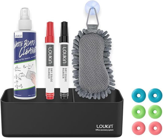 LOUKin Magnetic and Adhesive Marker Holder, Dry Erase Accessory Tray Set (Includes 1 Eraser, 1 Cleaner, 2 Dry Erase Markers and 6 Magnets), Ideal for Office, School or Home Use.