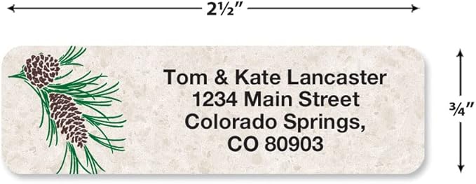 Pinecone Winter Holiday Rolled Personalized Return Address Mailing Labels with Dispenser, Set of 250, Small ¾ x 2½ Inch Size, Custom Self-Adhesive Sticker Roll, by Colorful Images