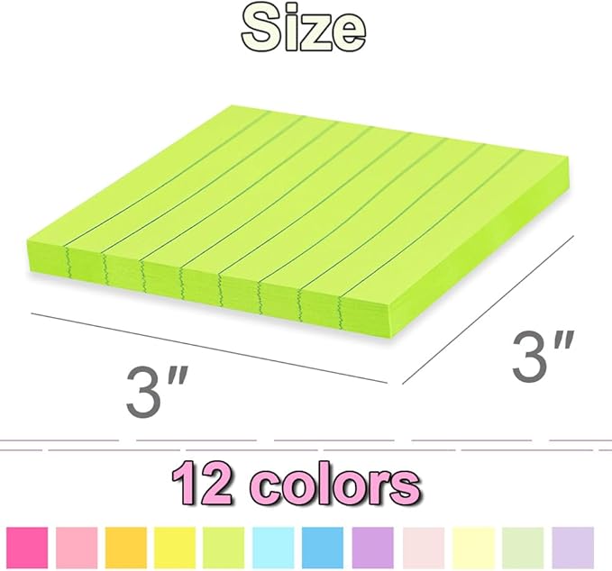 (12 Pads) Lined Sticky Notes 3x3 in Ruled Stickies Super Sticking Power Memo Pads Bright Colors