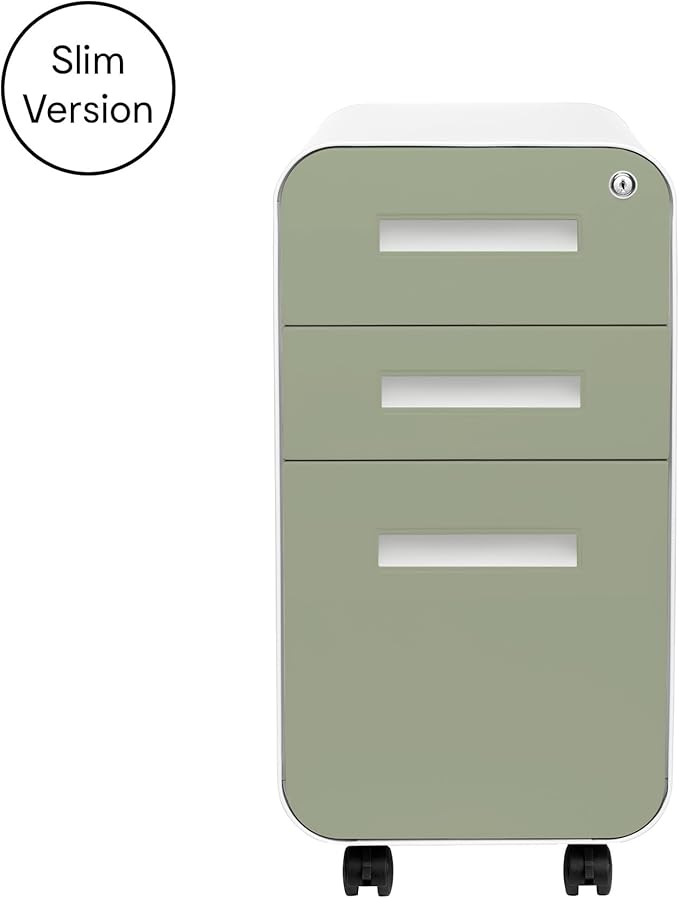 Laura Davidson Furniture Stockpile Slim 3-Drawer Mobile File Cabinet with Lock - Under Desk Metal Filing Cabinet, Legal/Letter File Folders, Wheels & Stationary Feet, Assembled, Sage Green