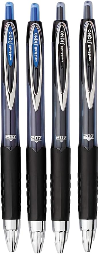 Signo 207 Roller Ball Retractable Gel Pens, Medium Point (0.7mm), Black And Blue Ink, 4 Count, Bundle with Plastic Reusable Pouch