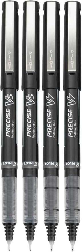 Precise V5/V7 Stick Rolling Ball Pens, Fine and Extra Fine Point, Assorted Points Black Ink, 4-pk; Bundle with Plastic Reusable Pouch