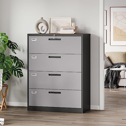 Letaya 4 Drawer Lateral Metal Filing Cabinet with Lock-File Cabines-Organization Storage Cabinets for Home Office-Hanging Letter/Legal/F4/A4 Size (4 Drawer-Grey Black)