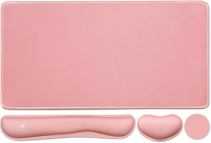 4-in-1 Large Gaming Mouse Pad, Keyboard Wrist Rest Pad & Wrist Support Mousepad Set, Extended Desk Pad Waterproof Desk Mat for Home Office Study Game-Pink