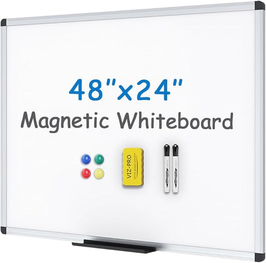 VIZ-PRO Magnetic Whiteboard/Dry Erase Board, 48 X 24 Inches, Includes 1 Eraser & 2 Markers & 4 Magnets