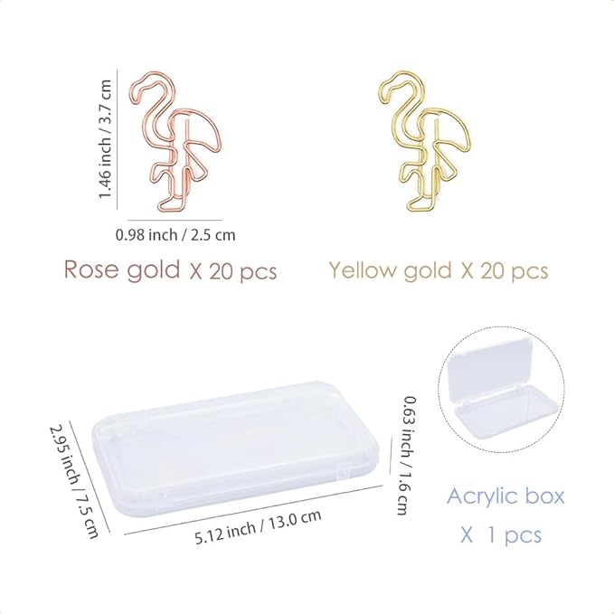 OWLFAVO 40pcs Flamingo Shape Paper Clips with Clear Box, Rose Gold and Yellow Gold, Funny Cute Paperclips Bookmarks Planner Clips for Fun Office Supplies School Gifts Wedding Decoration