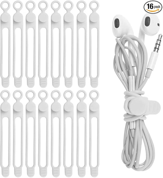 Nearockle 16Pcs Silicone Cable Straps Wire Organizer for Bundling Earphone, Phone Charger, Computer Cords, Reusable Cable Ties Cord Organizer in Home,Office,Kitchen,School(White)