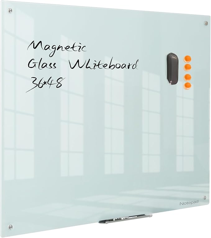 Magnetic Glass Dry Erase Board - White Board 48 x 36 Inches Wall Mounted Glass Whiteboard, Large Frameless Glass White Board for Wall Office, Home & School