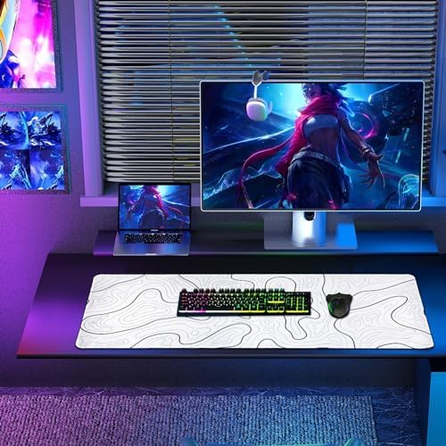 Large Gaming Mouse Pad for Desk, White Topographic Mouse Pad Desk Mat for Gaming Office, Long XL Mouse Pads Keyboard Pad Desk Pad for Computer Laptop 31.5''x11.8''