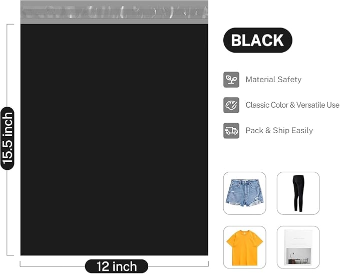 Metronic Poly Mailers 12x15.5 1500 Pack Black, Medium Size Shipping Bags Bulk Mailing Envelopes for Small Business, Mailers Poly Bags for Shipping Self Seal Waterproof, Mailing Bag Packaging Bags