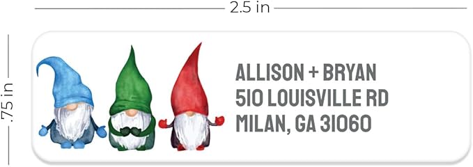 Watercolor Gnome Trio Rolled Address Labels / 500 Personalized Return Address Labels/Designer Address Stickers in Elegant Plastic Dispenser