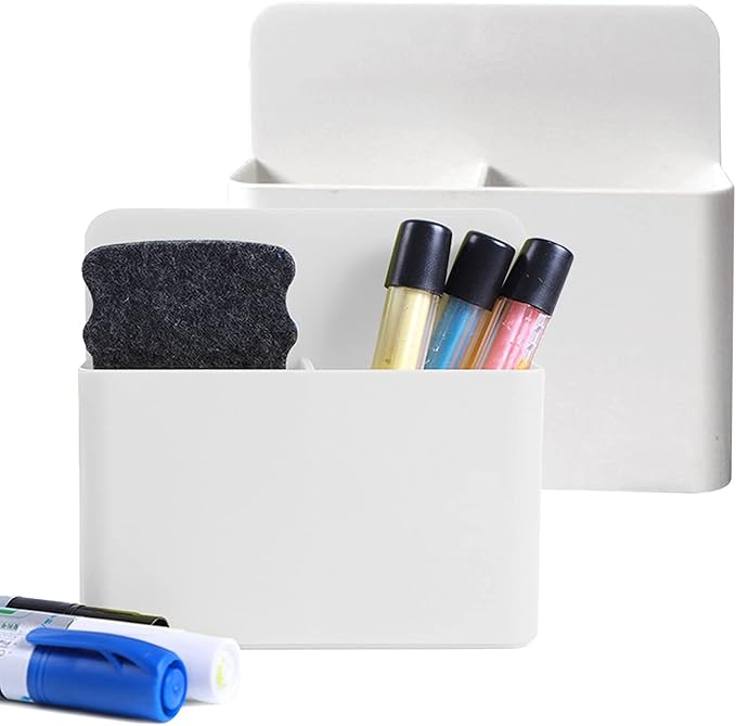 Magnetic Dry Erase Marker Holder - 2 Pack Pen Holder for Fridge, Whiteboard, School, Office, Home, Cup, White