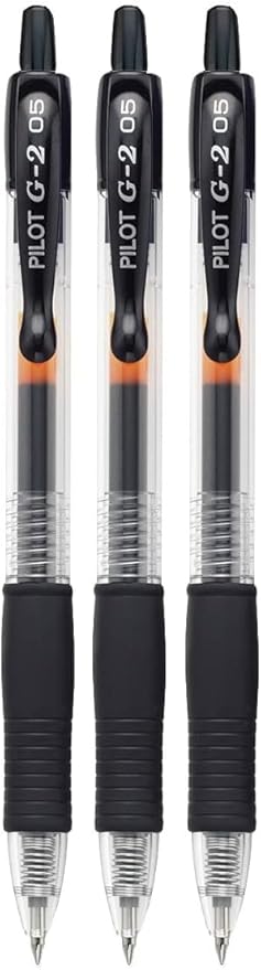 G2 Retractable Premium Gel Ink Roller Ball Pens Extra Fine Point (.5mm) Black Ink 3 pack; Refillable & Premium Comfort Grip Bundle with Plastic Reusable Pouch