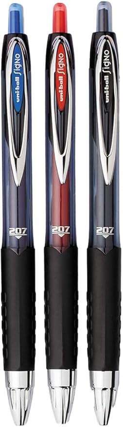 Signo 207 Roller Ball Retractable Gel Pens, Medium Point (0.7mm), Black Blue And Red Ink, 3 Count, Bundle with Plastic Reusable Pouch