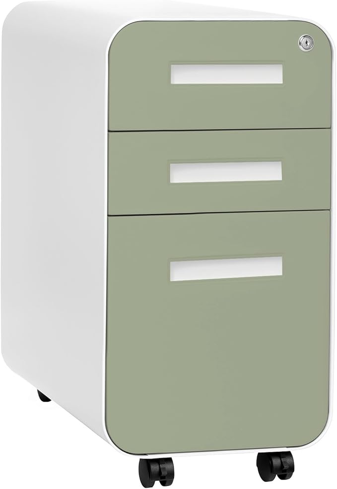Laura Davidson Furniture Stockpile Slim 3-Drawer Mobile File Cabinet with Lock - Under Desk Metal Filing Cabinet, Legal/Letter File Folders, Wheels & Stationary Feet, Assembled, Sage Green