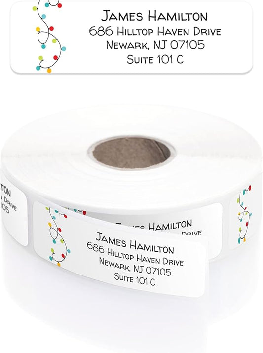Christmas String Lights Rolled Address Label/Roll of 250 Holiday Personalized Address Labels/Designer Return Address Stickers in Elegant Plastic Dispenser