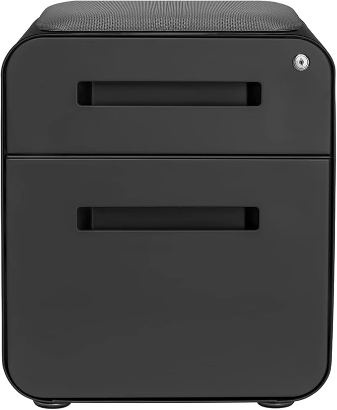 Laura Davidson Furniture STOCKPILE Mini Seated 2 Drawer Mobile File Cabinet with Removable Magnetic Cushion Seat - Short Version, Metal Filing Cabinet, Pre-Assembled, Black with Grey Cushion