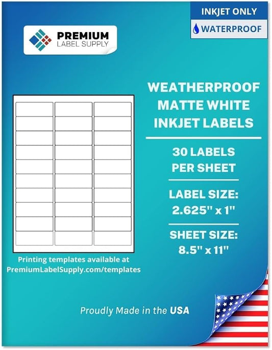 Premium Label Supply Waterproof White Address Sticker Labels – 2.625" x 1" – Inkjet Printers Only – (30 per Sheet), 500 Sheets - 15,000 Total Adhesive Labels