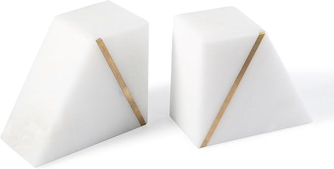 Natural Marble Bookends for Shelves, Decorative Book Ends for Heavy Books, Heavy Duty Mid Century Modern White and Gold Stone Book Holders with Brass Inlay, Unique Bookshelf Stopper Decor, Set of 2
