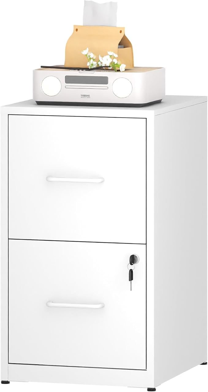 2 Drawer File Cabinet with Lock, Vertical Metal Filing Cabinet Under Desk Storage, Small Locking File Cabinets for Home Office, Legal Letter Folders Storage, Easy Assemble(White)