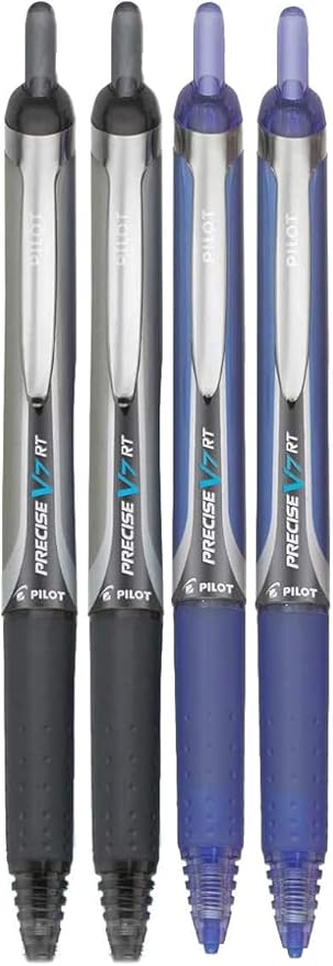 Precise V7 RT Retractable Rolling Ball Pens, Fine Point (.7mm), Assorted Colors Black/Blue Ink, 4-pk; Premium Comfort Grip, Bundle with Plastic Reusable Pouch