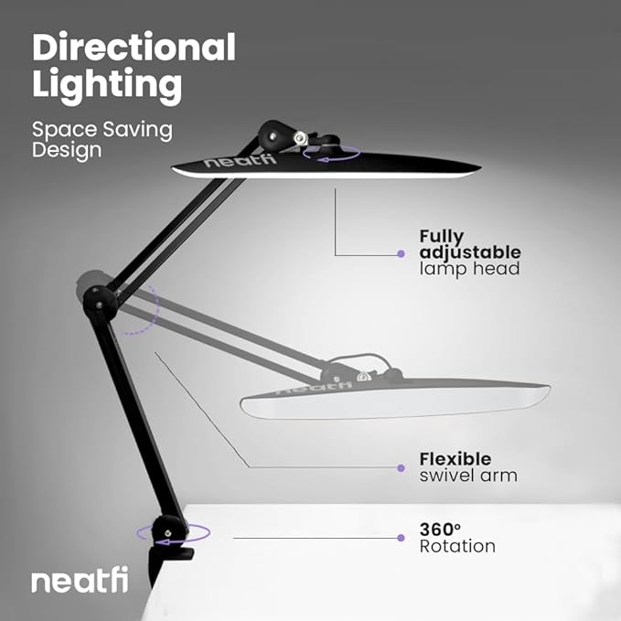Neatfi XL 2,200 Lumens LED Task Lamp, 20W, 182 Pcs SMD LED, Dimmable, 4 Level Brightness, 3 Light Modes, Desk Light for Home, Office, Workbench (CCT, Black)