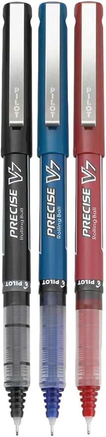 Precise V7 Stick Rolling Ball Pens, Fine Point (.7mm), Assorted Colors Black/Blue/Red Ink, 3-pk; Bundle with Plastic Reusable Pouch
