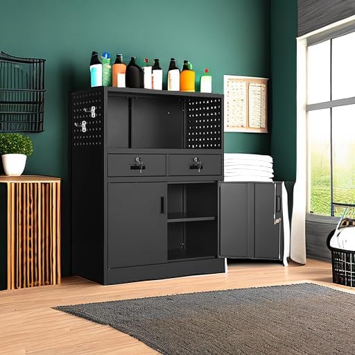 Yizosh Metal Storage Cabinet with 2 Drawers and Locking Doors,- 41.3" Steel Lockable Storage Cabinet with Shelves for Home Office,Garage,School (Black)