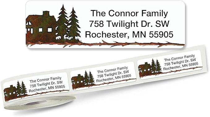 Country Lodge Christmas Rolled Personalized Return Address Mailing Labels with Dispenser - Set of 250, Small ¾ x 2½ Inch Size, Custom Self-Adhesive Sticker Roll, by Colorful Images