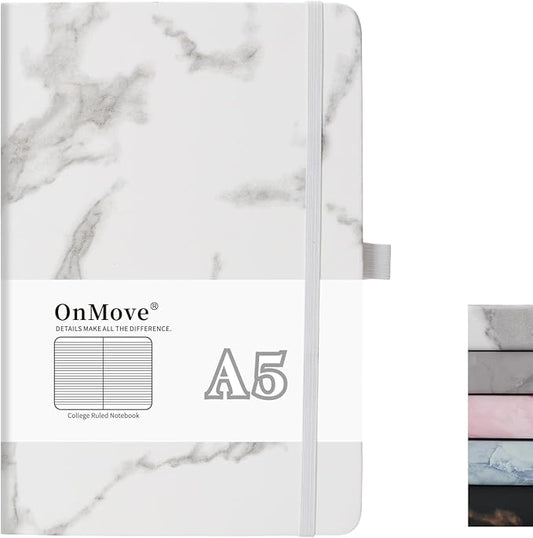 Lined Notebook Journal for Women Men 200 Pages A5 Hardcover Leather with Pen Holder College Ruled Journals for Work Note Taking Travel School (Lined, White-B)